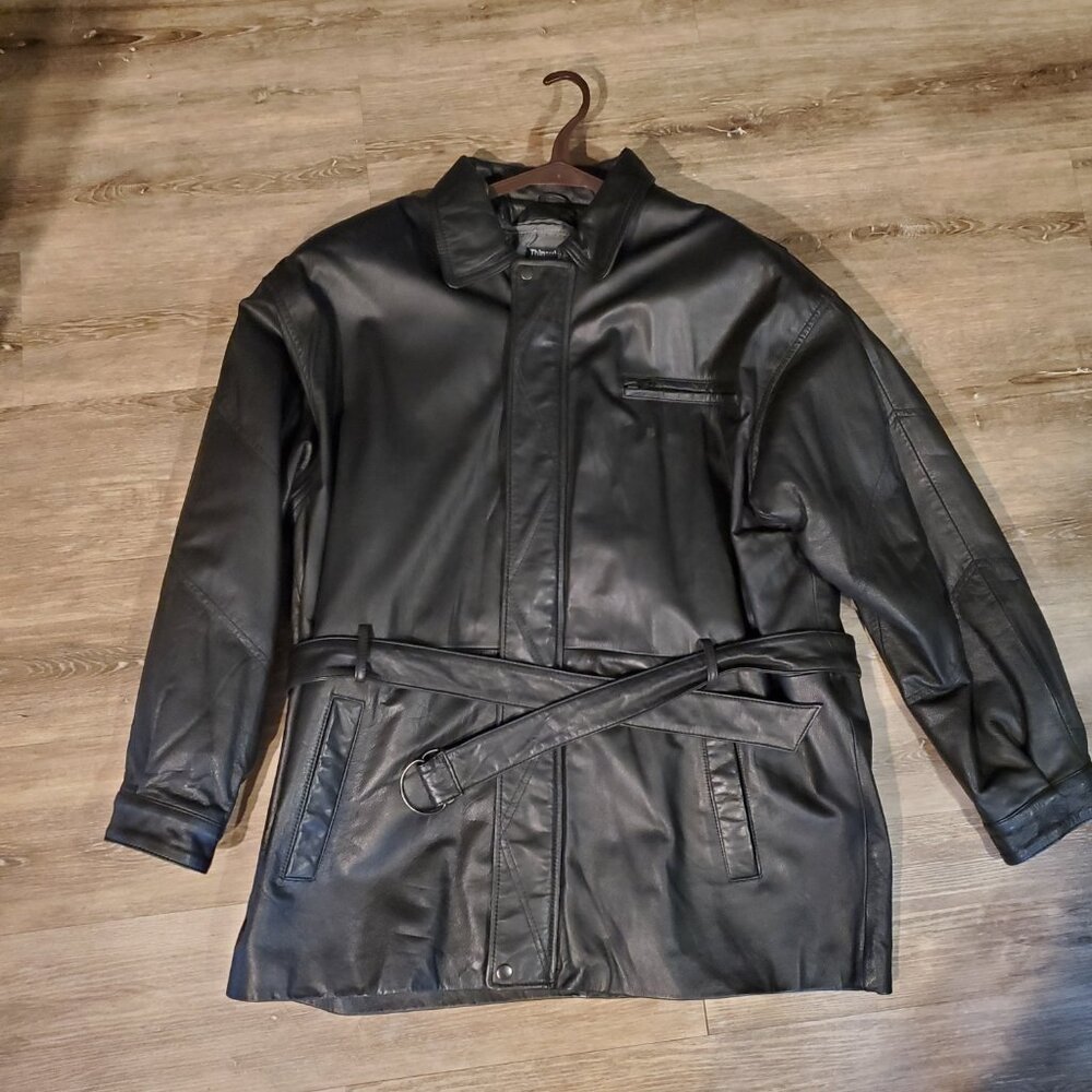 Black Leather 3/4 length Belted Wilson Coat with Thinsulate Liner Size L